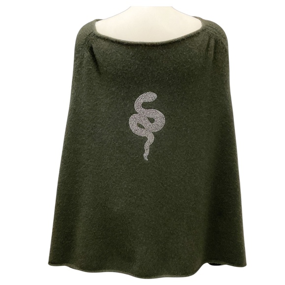 CAROLYN ROWAN OLIVE GREEN SNAKE EMBELLISHED CASHMERE KNIT CAPE SWEATER - Picture 3 of 5